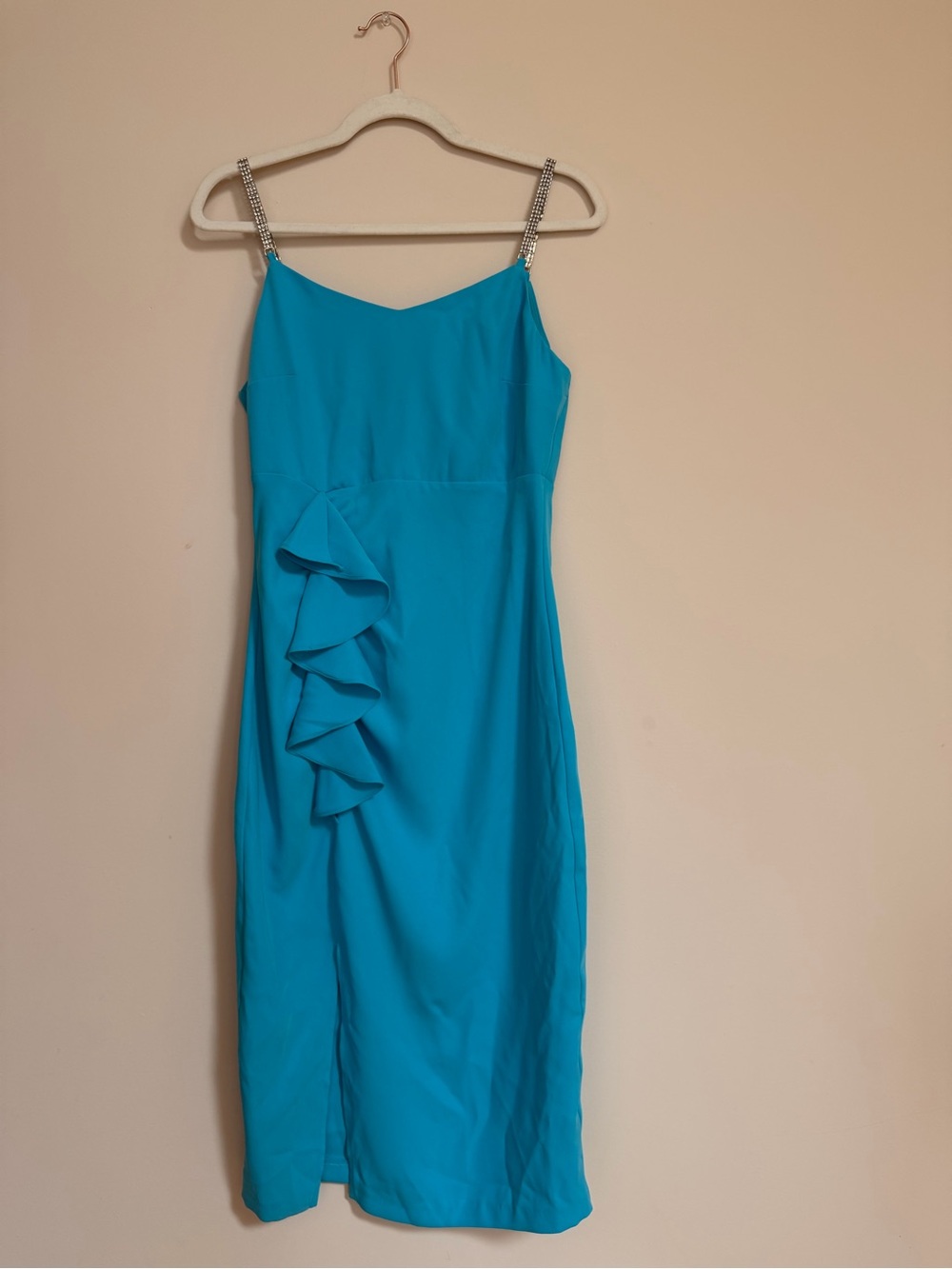 Blue Ruffle-Detail Slip Dress with Rhinestone Straps